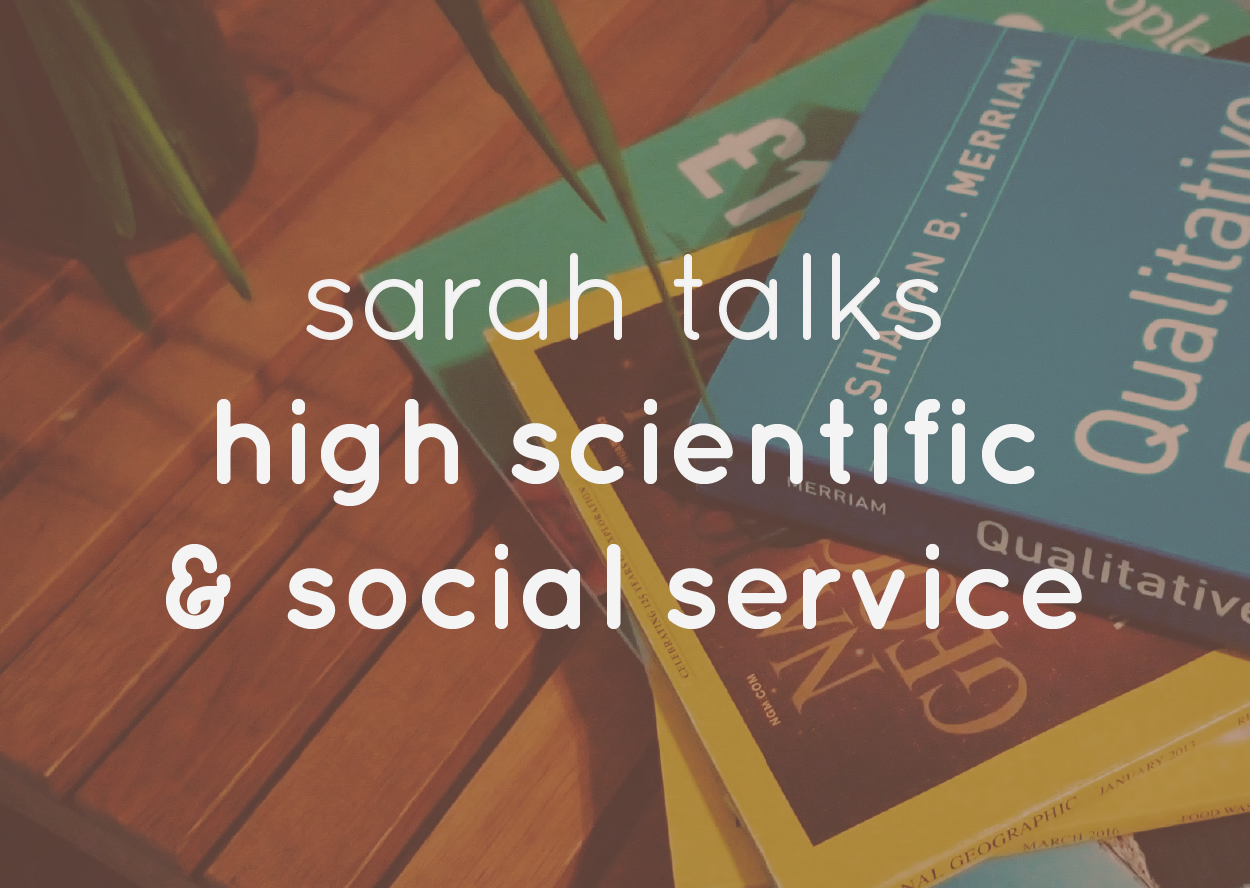 Magazines and books with a text overlay: Sarah talks high scientific & social service